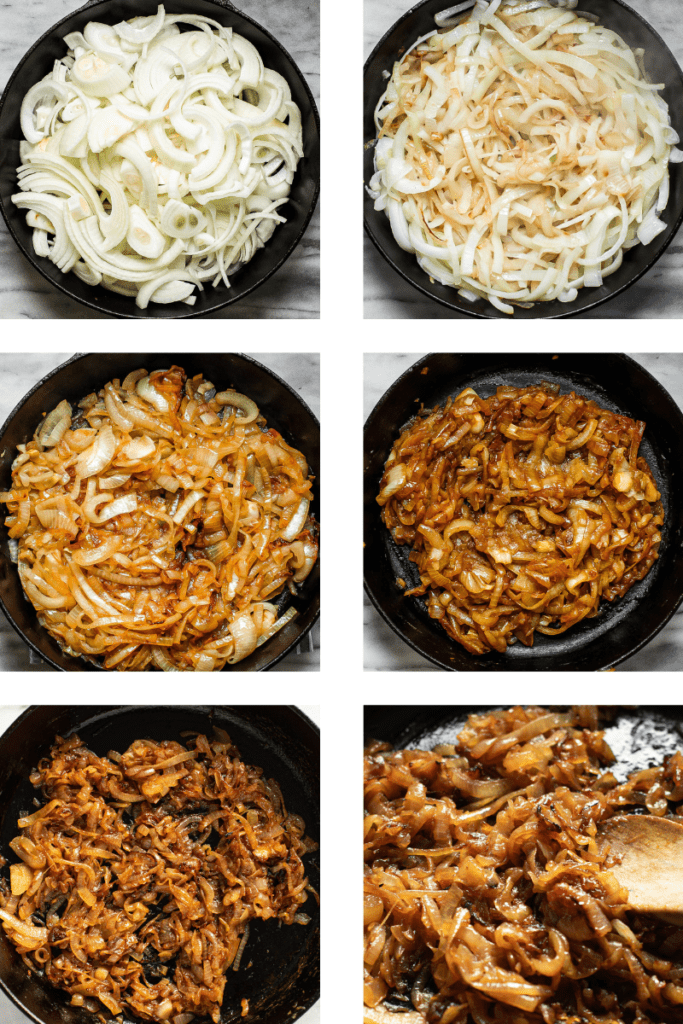 Step by step photos of how caramelized onions look when they're being cooked.