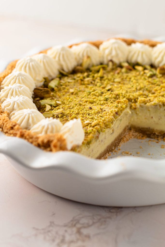 A sliced pistachio pie.