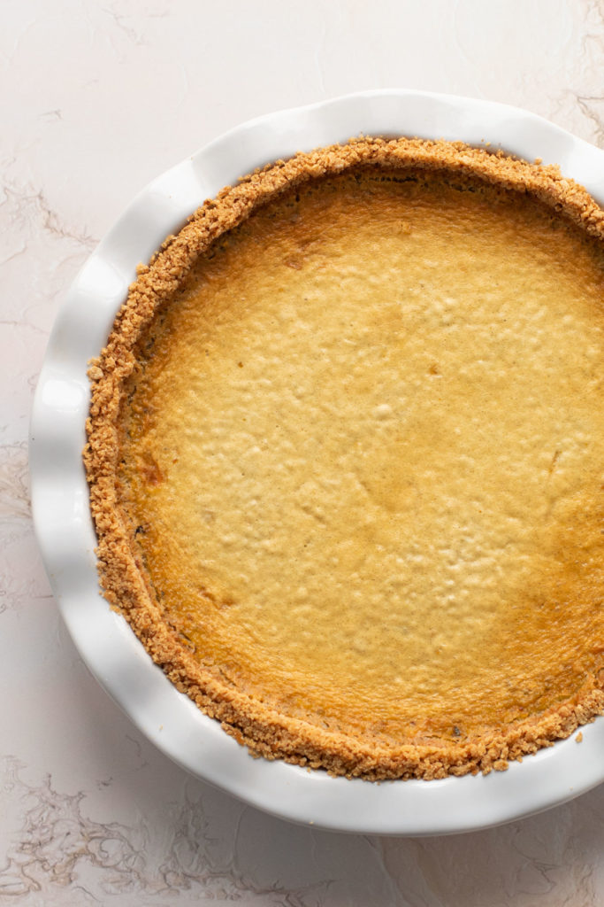 A baked pistachio custard pie.