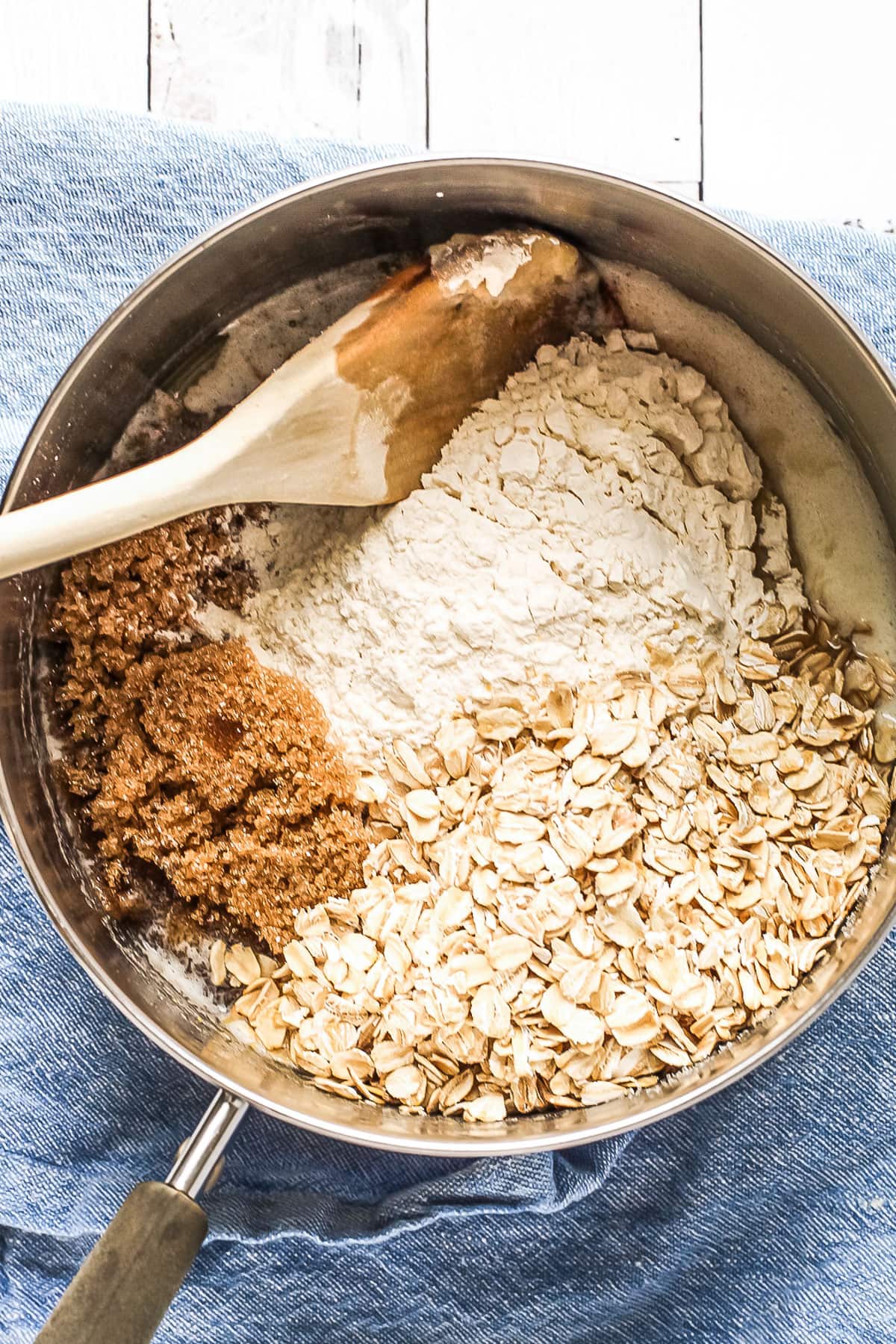 Ingredients for crumble topping being made directly in the pan.