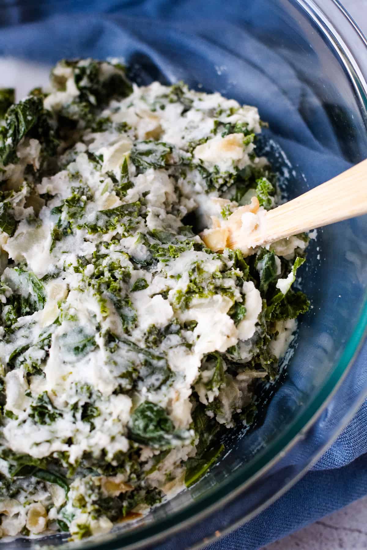 Kale and potato filling in a bowl