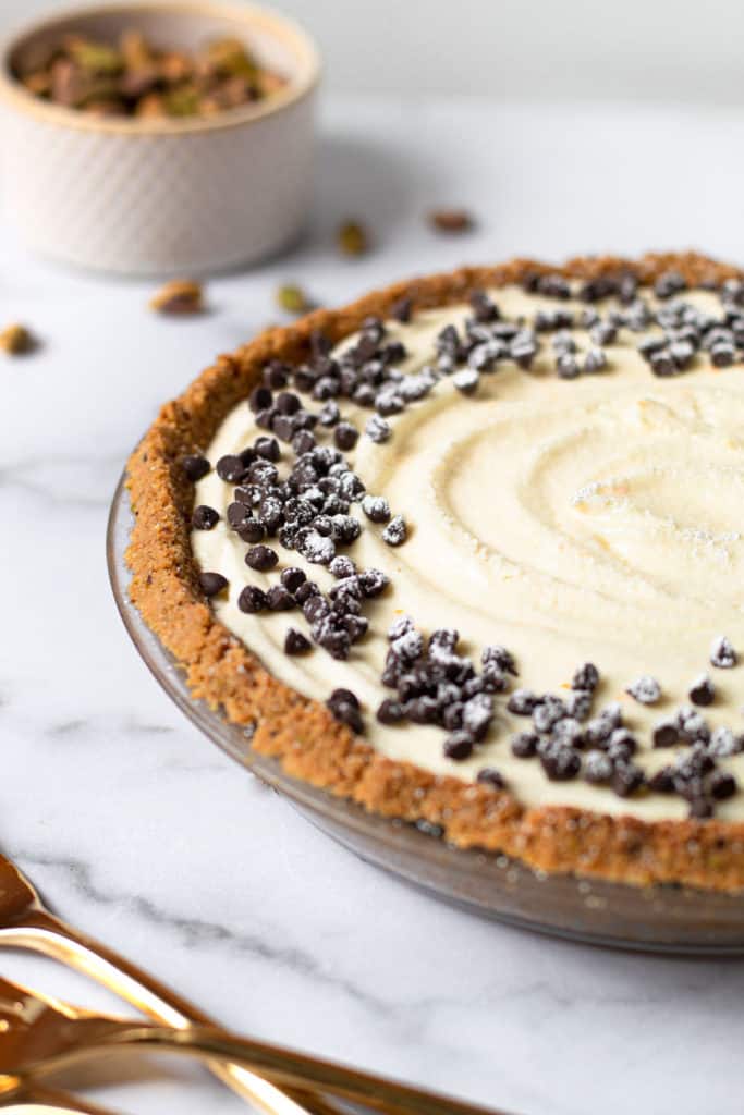 Cannoli pie with mini chocolate chips.