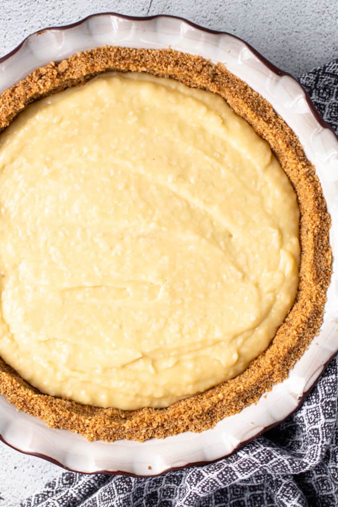 Creamy coconut pudding in a graham cracker crust.
