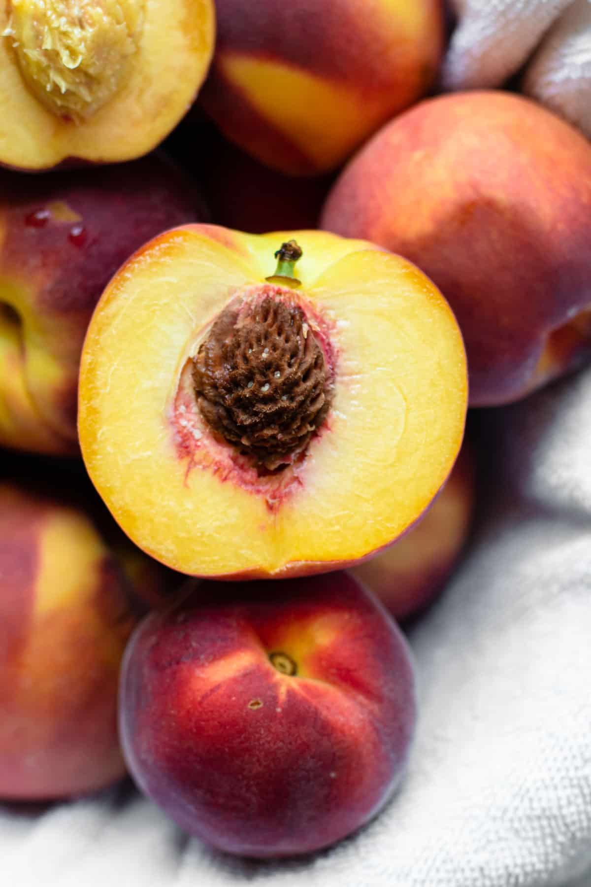 Prepped peaches for peaches cobbler.