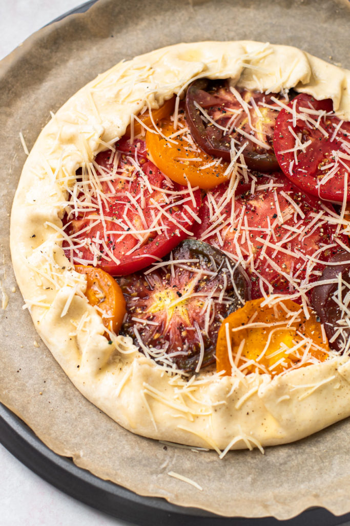 A tomato galette before it is baked.