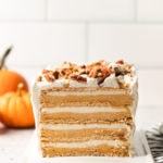 A slice of a pumpkin icebox cake with layers.