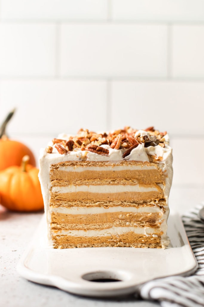 A slice of a pumpkin icebox cake with layers.