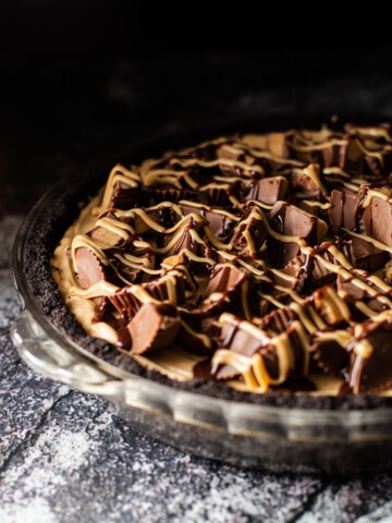 Peanut butter pie topped with peanut butter cups.