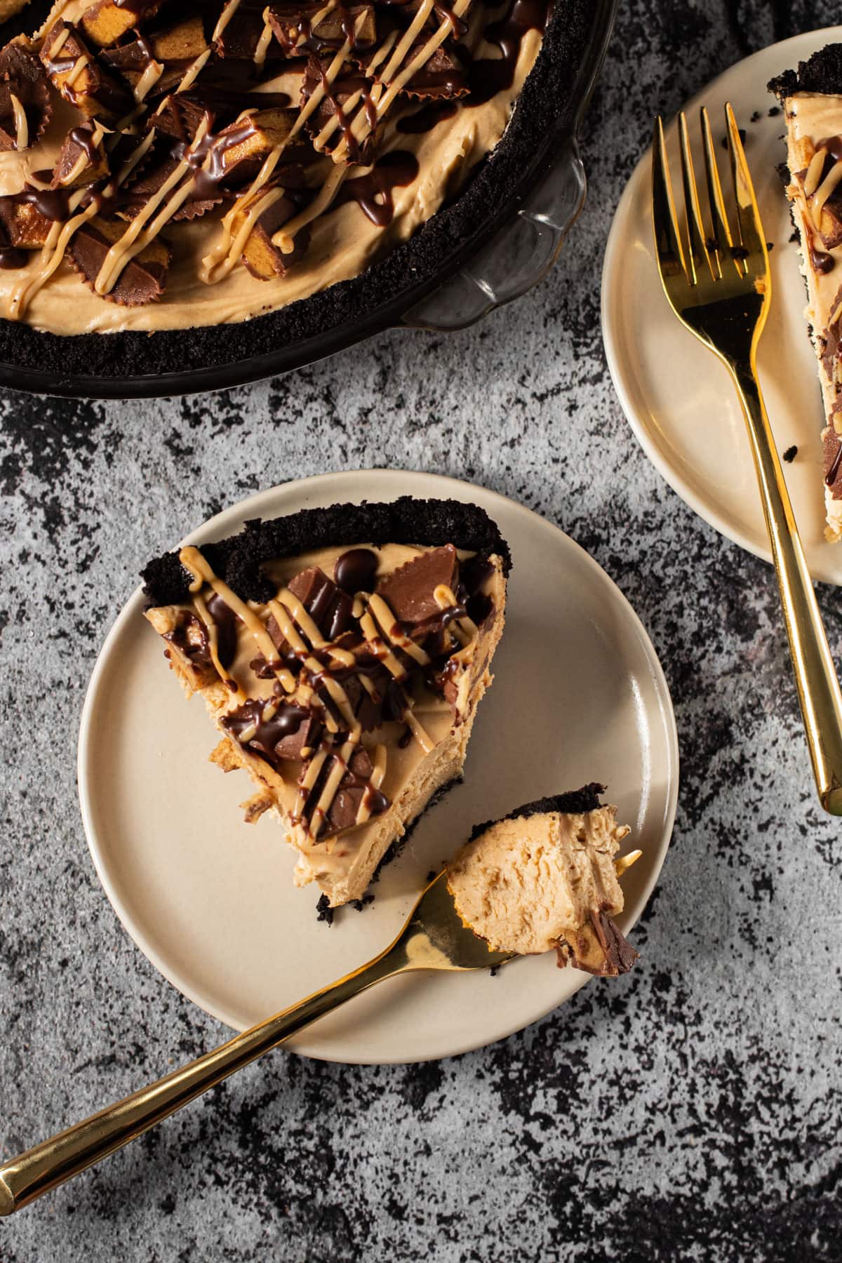 A slice of peanut butter pie on a plate.