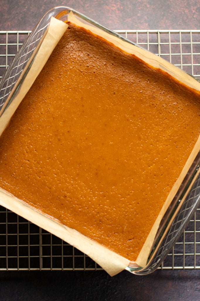 Fully baked pumpkin pie bars.