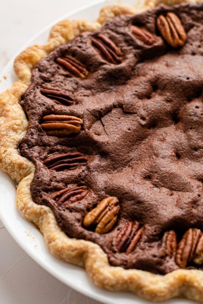 A baked brownie pecan pie.