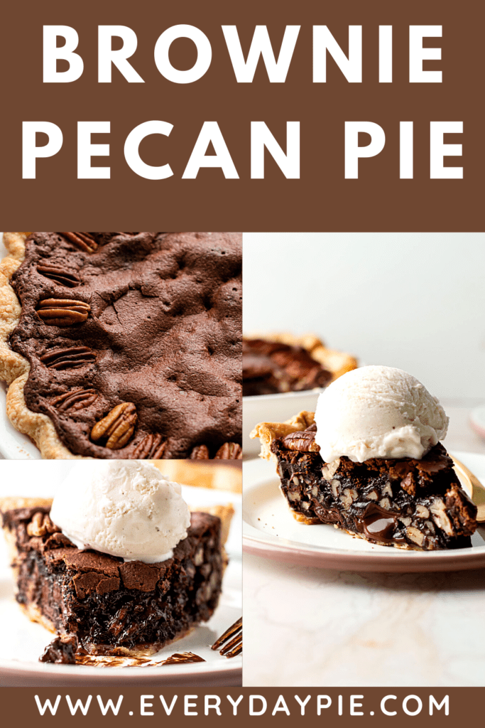 A slice of a brownie pecan pie with ice cream on top with two other different angles.