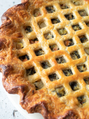 A fully baked winter vegetable pot pie.