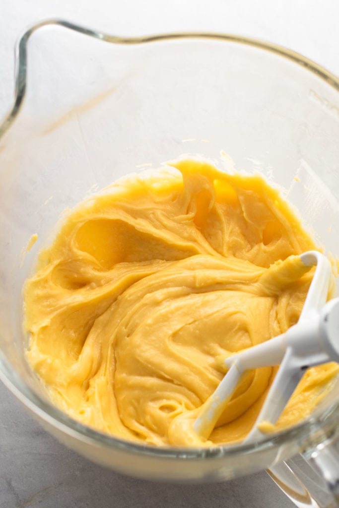 Choux pastry in a stand mixer.