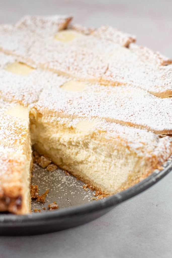 A ricotta pie with a lattice pie crust.