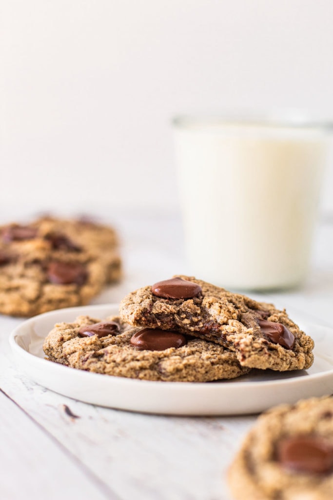 Buckwheat chocolate chip cookies on a plate.