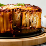 A slice of stuffed rigatoni pie.