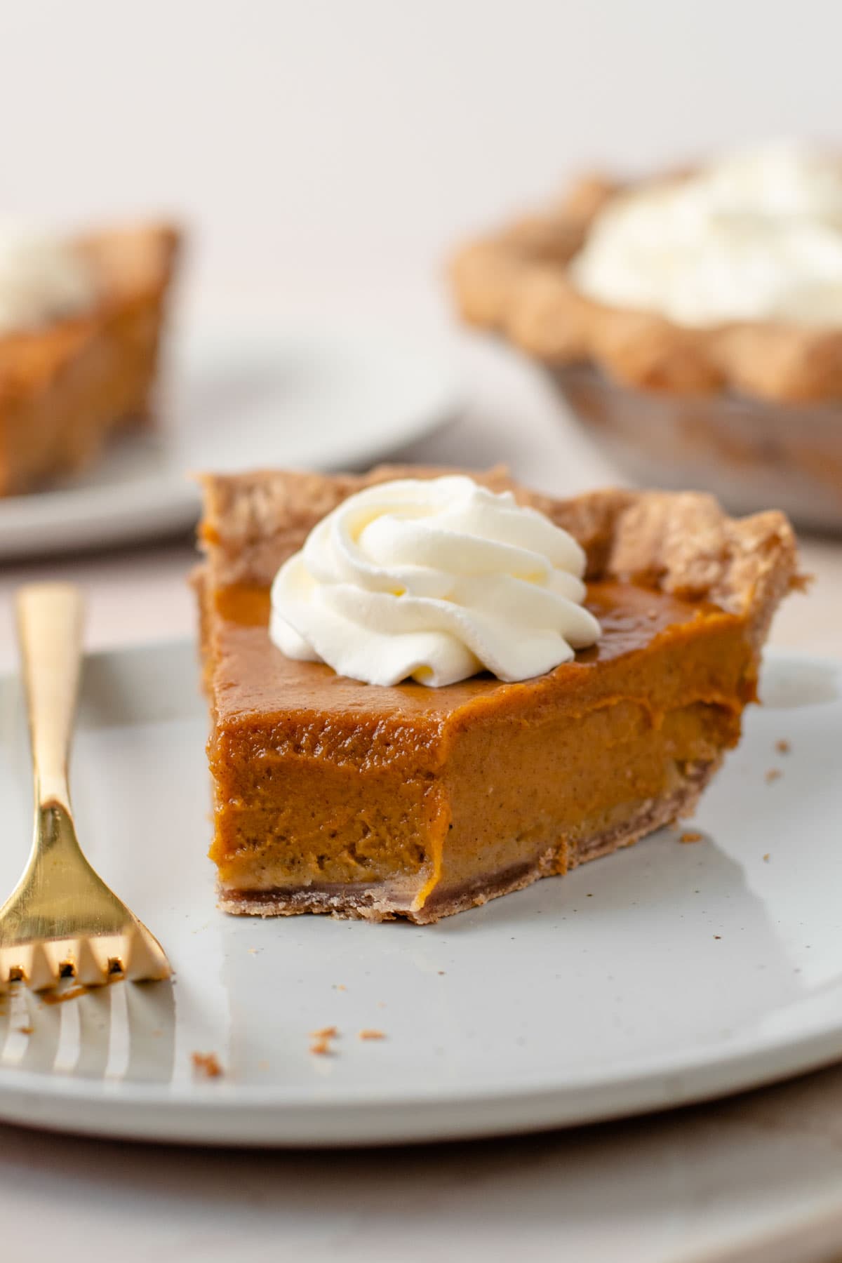 A slice of silky pumpkin pie.