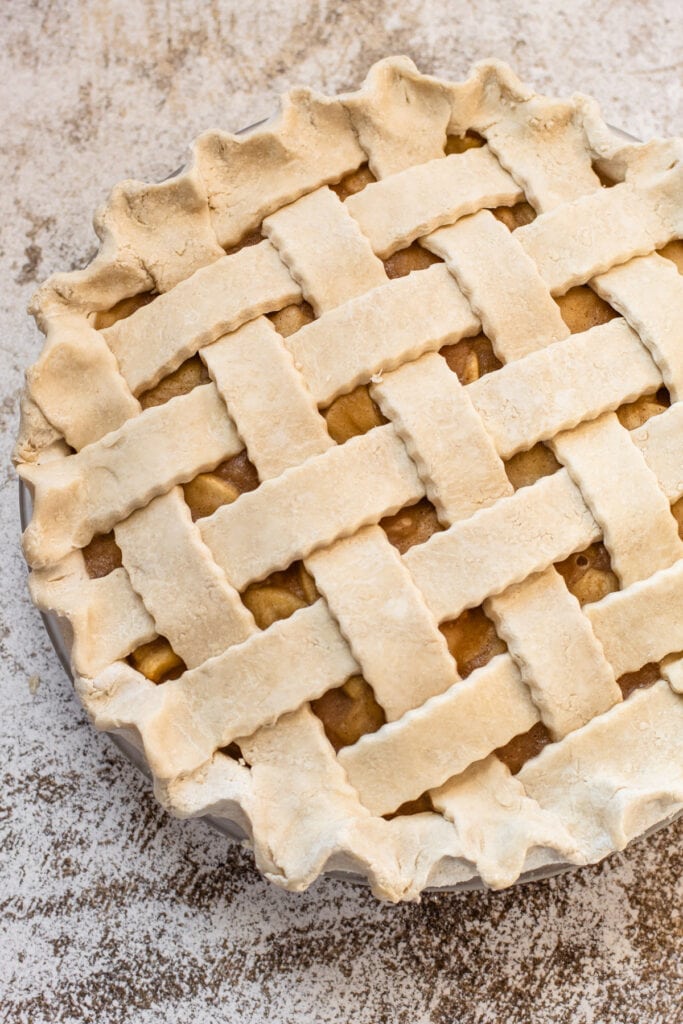 A double crust pie recipe with a lattice top crust.