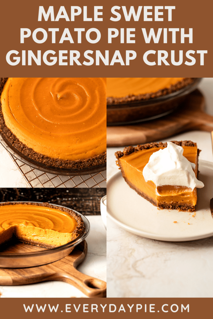 Multiple angles of a maple sweet potato pie with whipped cream on top.