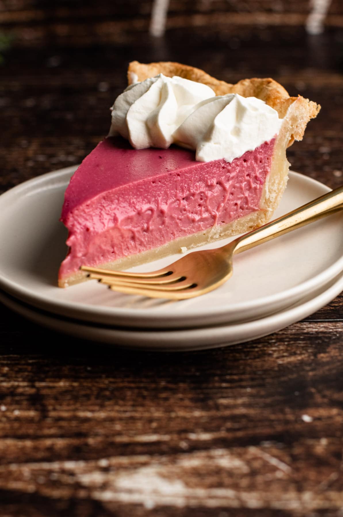 A slice of cranberry custard pie.