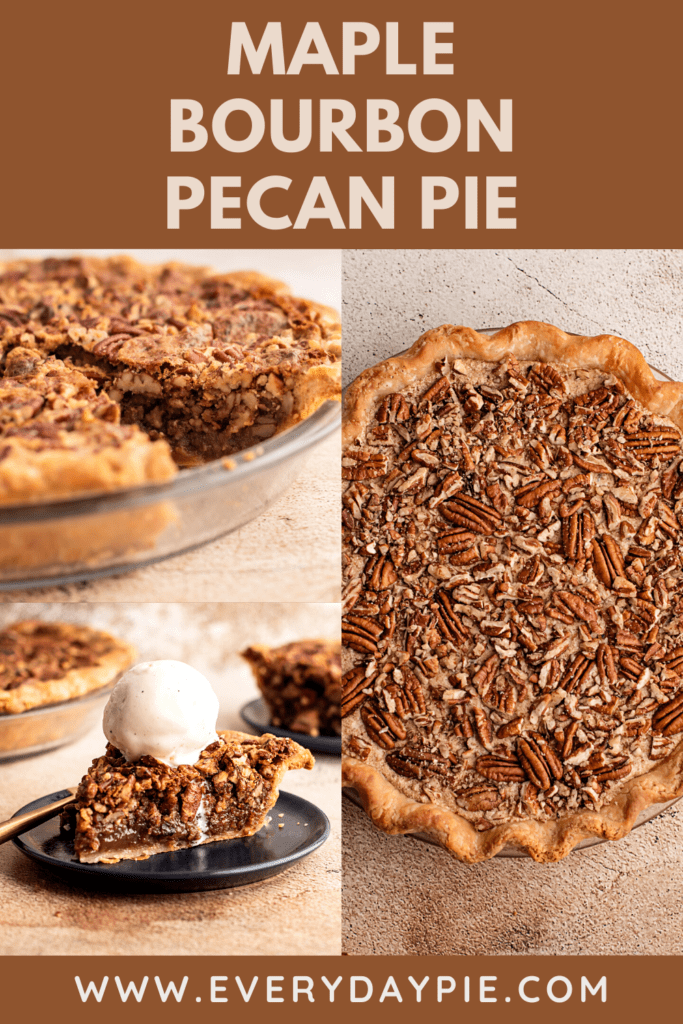 Three images of a bourbon pecan maple pie.