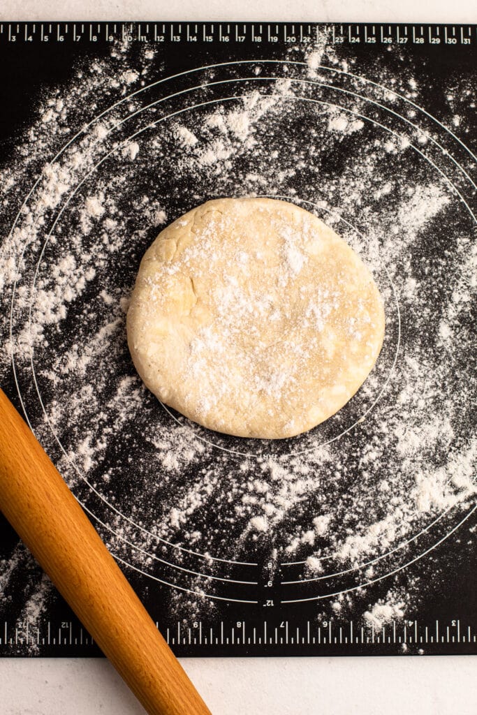 A pie crust on a rolling surface.
