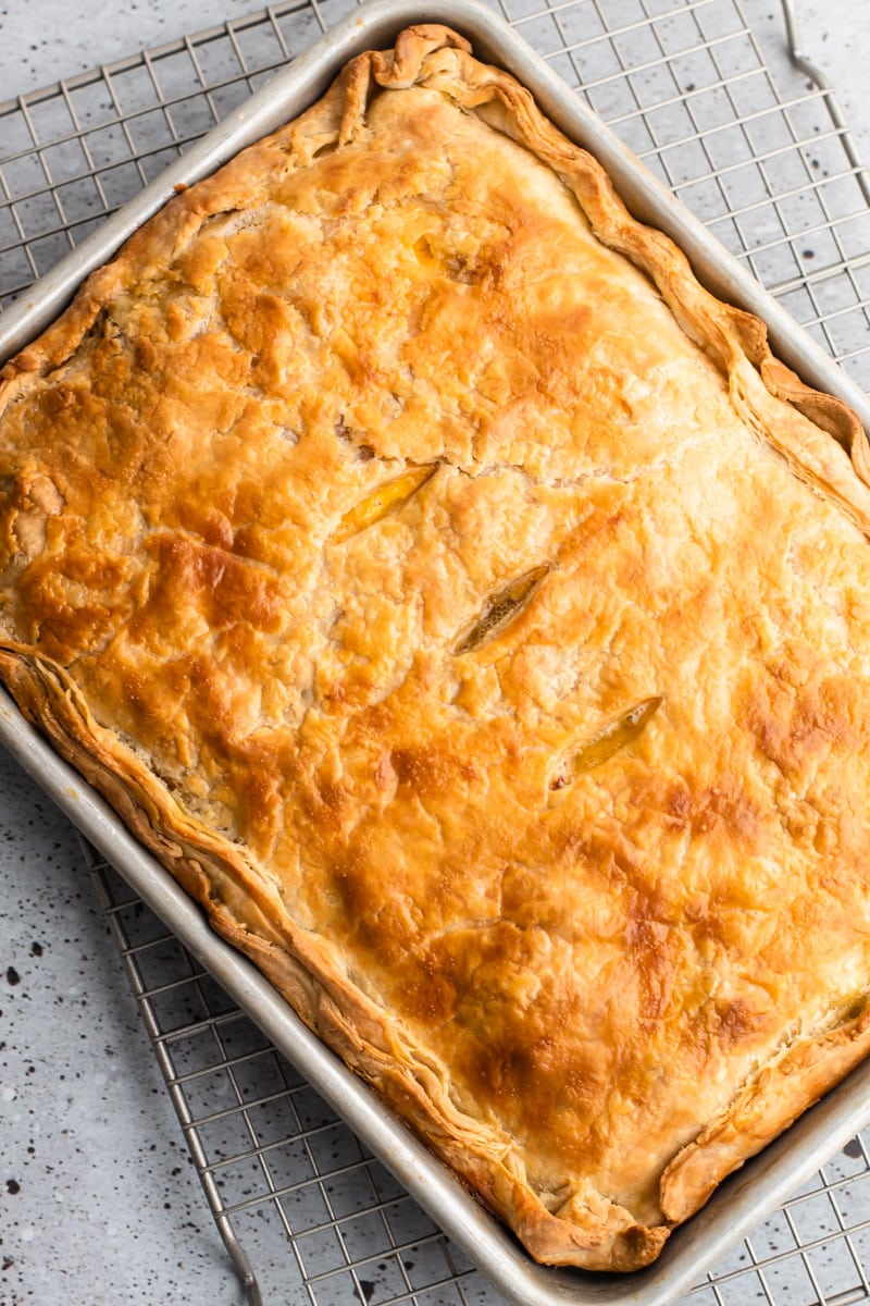 A fully baked breakfast slab pie.