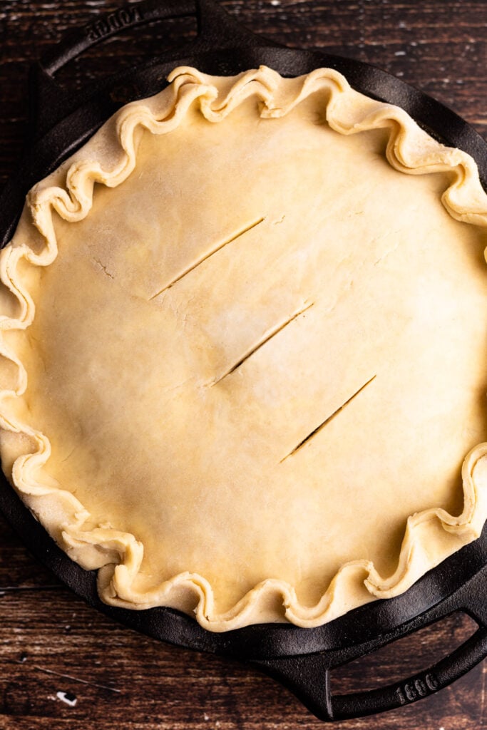 An unbaked chicken pot pie.