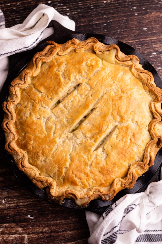 A fully baked chicken pot pie.