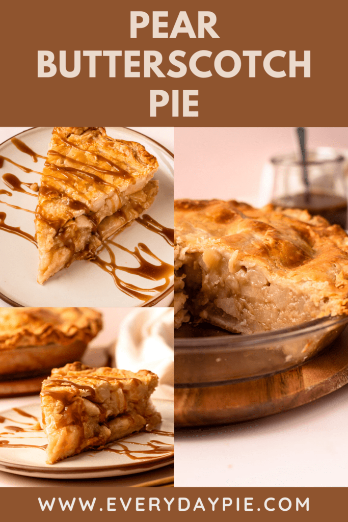 Three images of a fully baked butterscotch pear pie.
