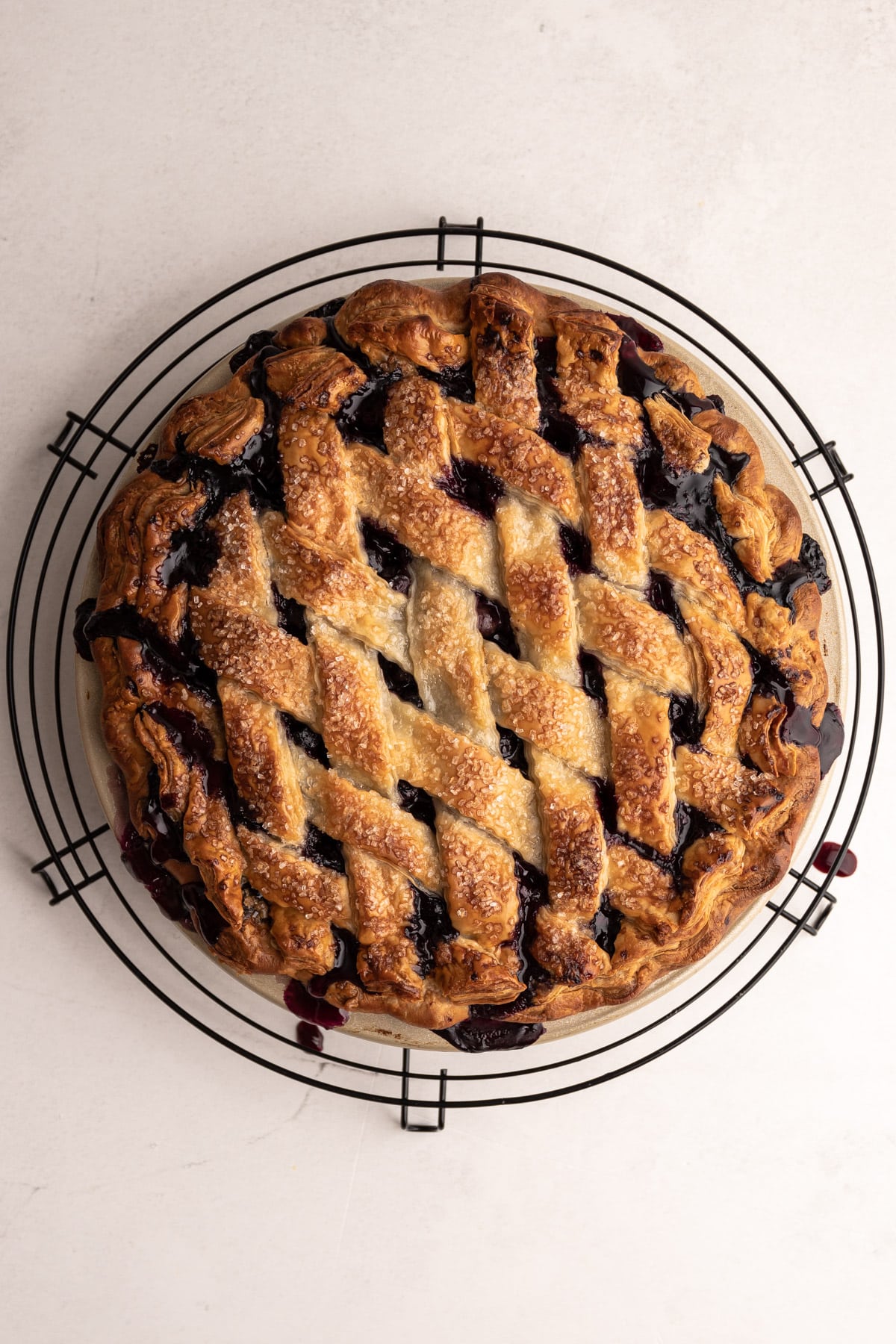 A fully baked blueberry pie made with a sour cream butter pie crust.