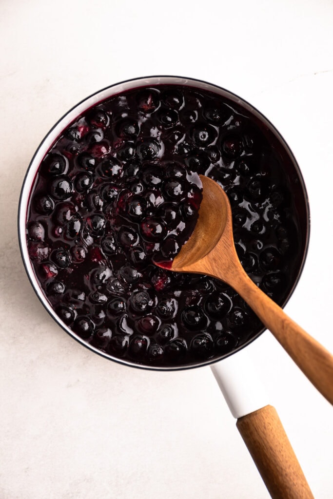 Blueberry pie filling in a pot.