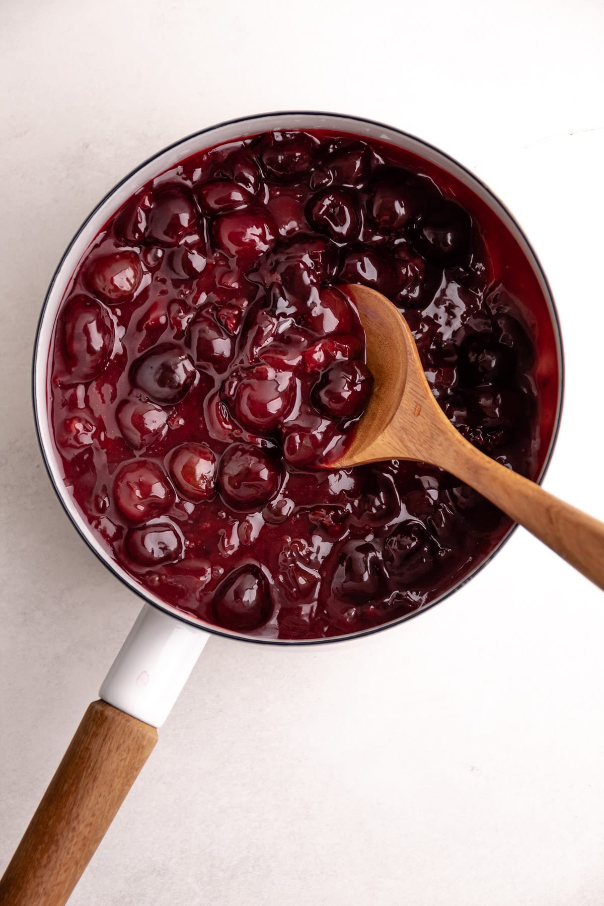 Cherry pie filling in a pot.