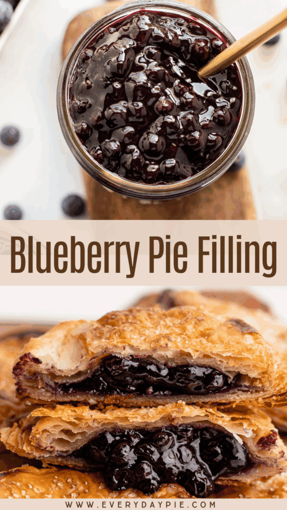 Prepared blueberry pie filling in a jar and baked in a hand pie.