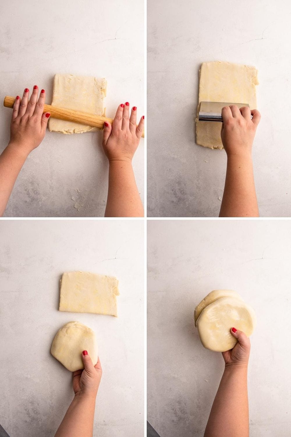 Steps showing how to shape the folded pie dough.