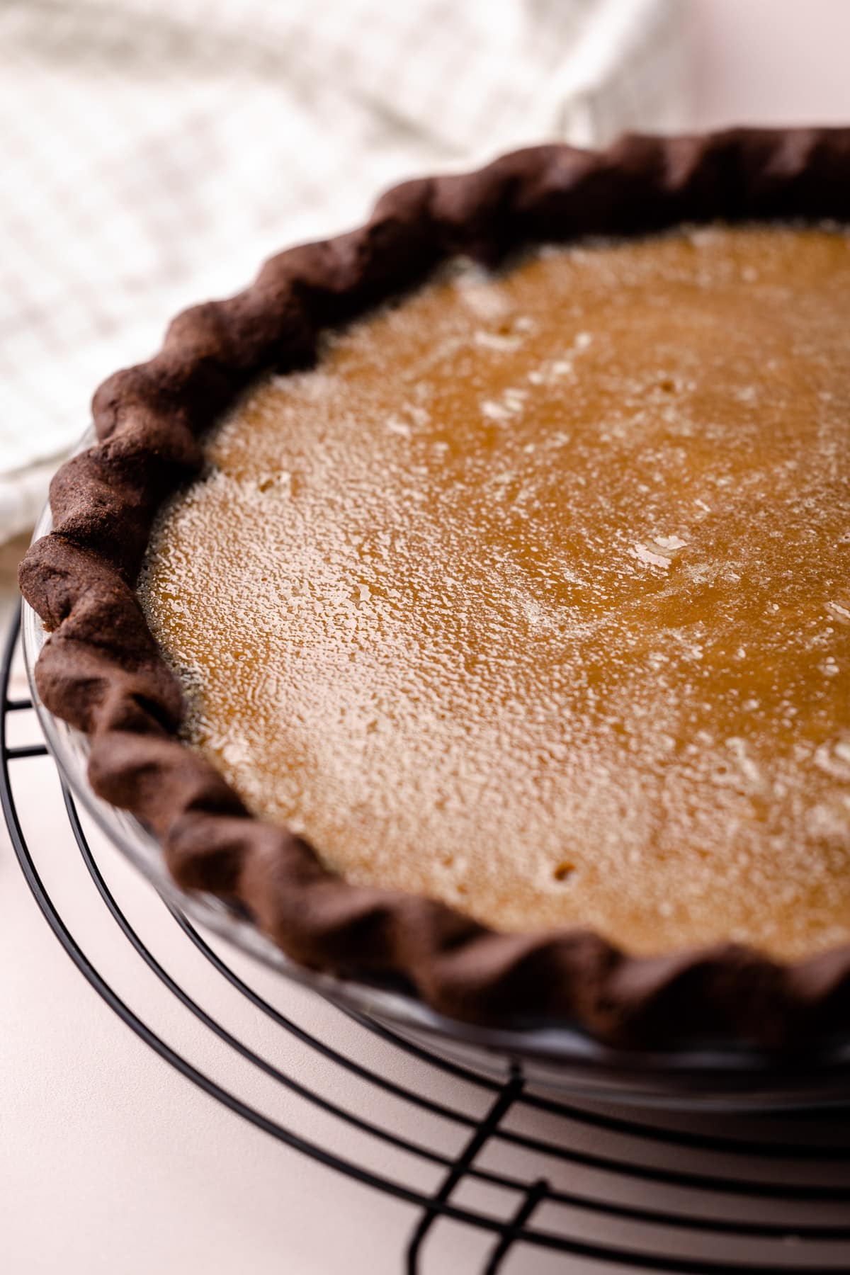 A baked coffee custard pie.