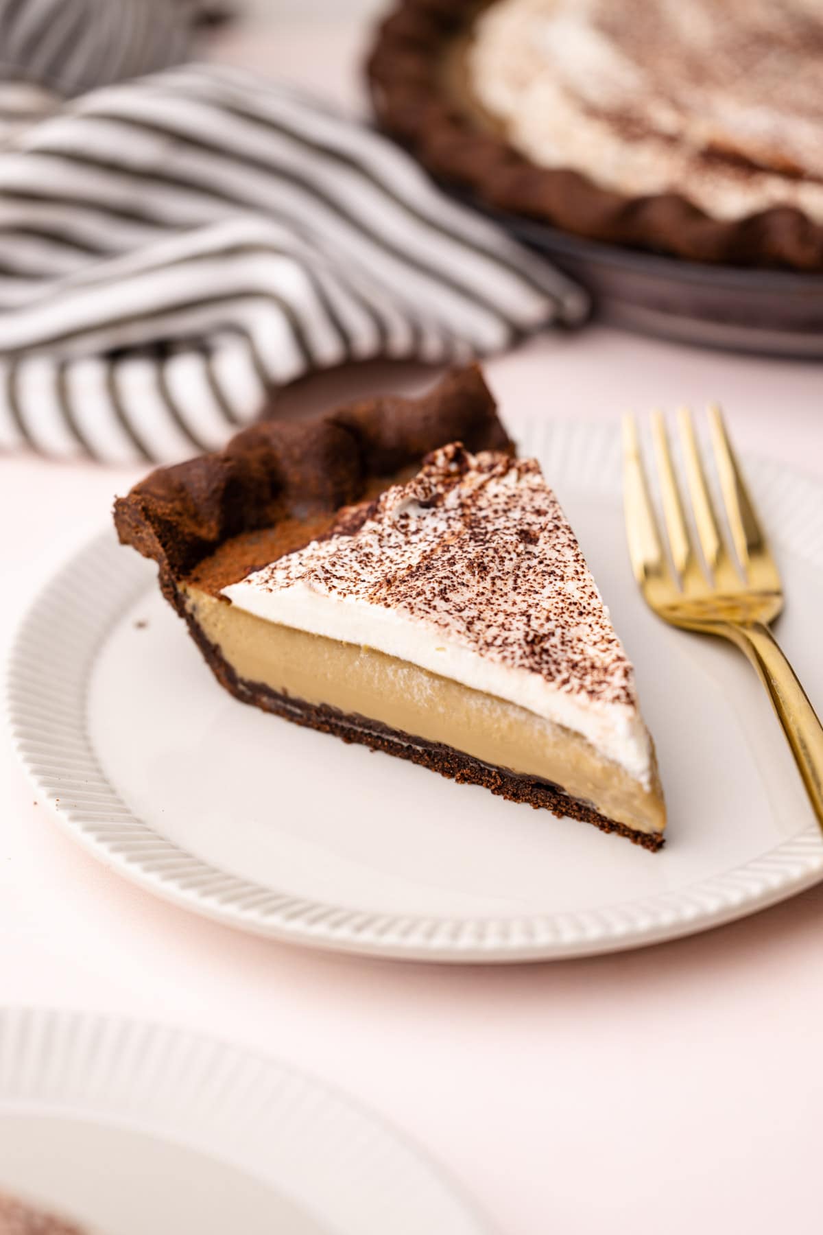 A slice of coffee custard pie on a plate.