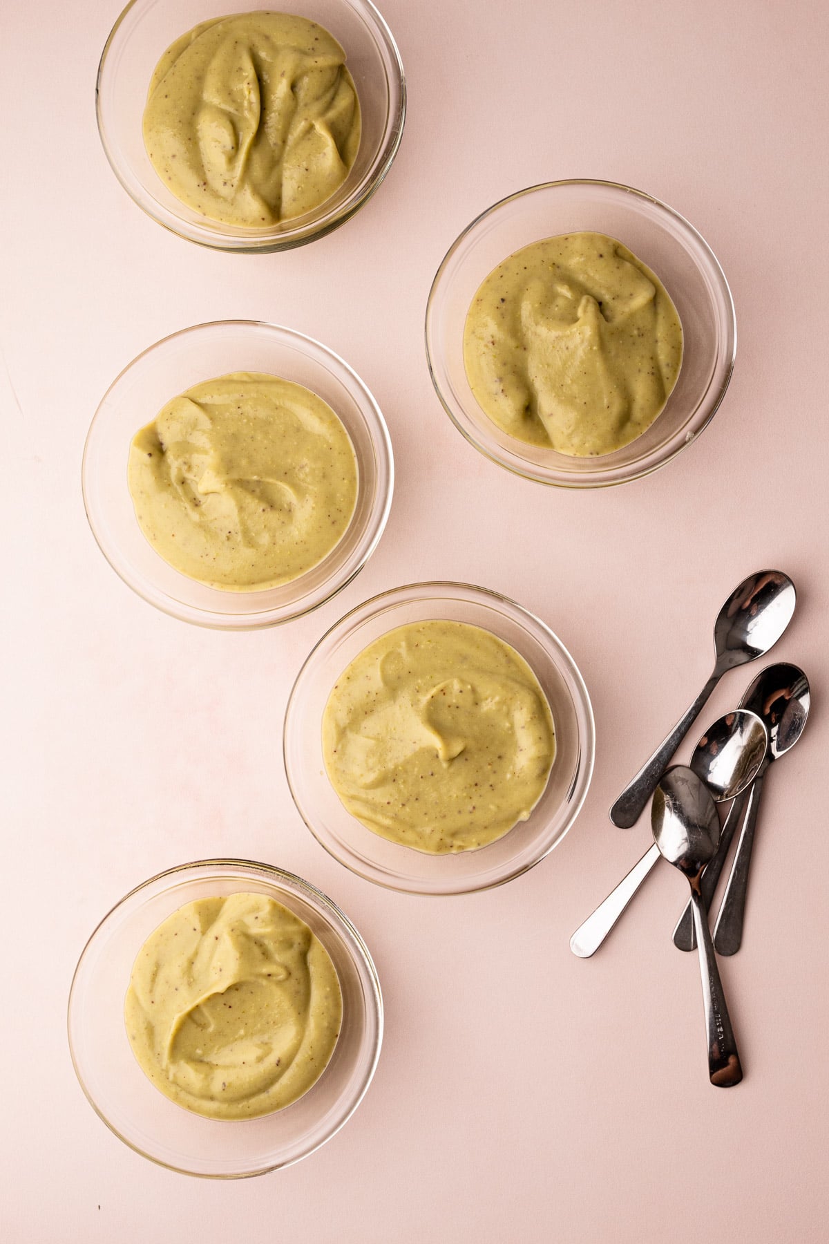 Individual servings of homemade pistachio pudding.