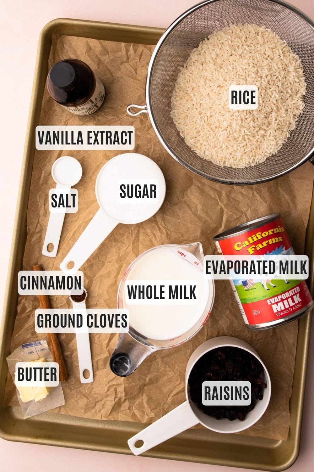 Labelled rice pudding ingredients.