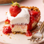 A slice of strawberry cream cheese pie.