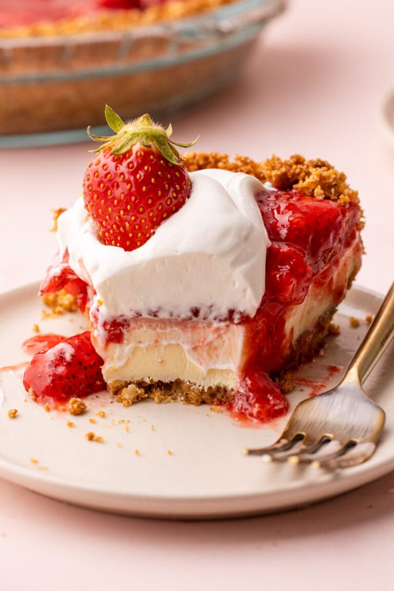 A slice of strawberry cream cheese pie.