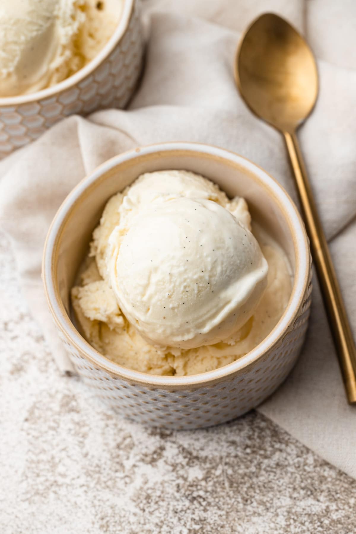 A serving of vanilla bean ice cream.