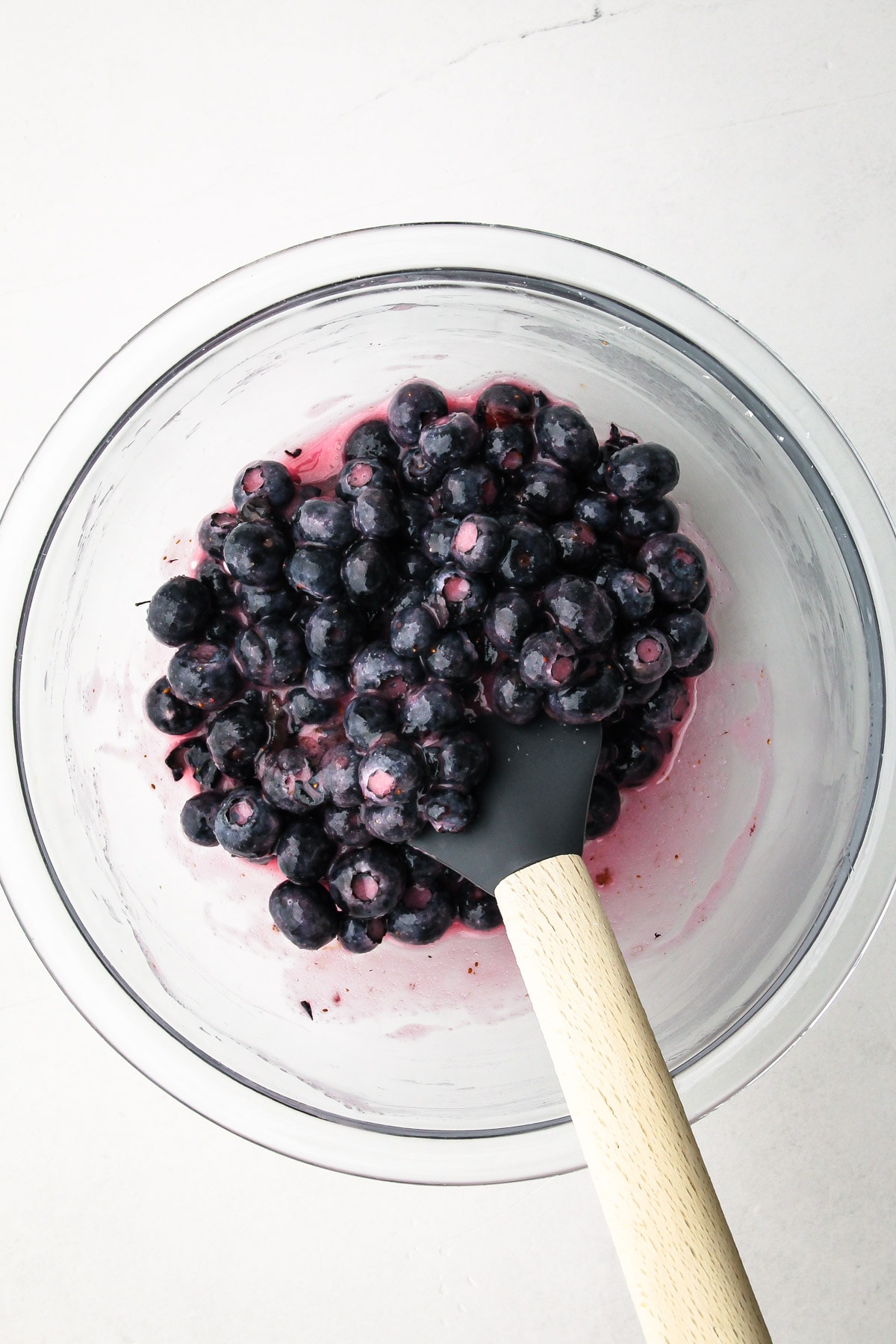 Making the blueberry pie filling.