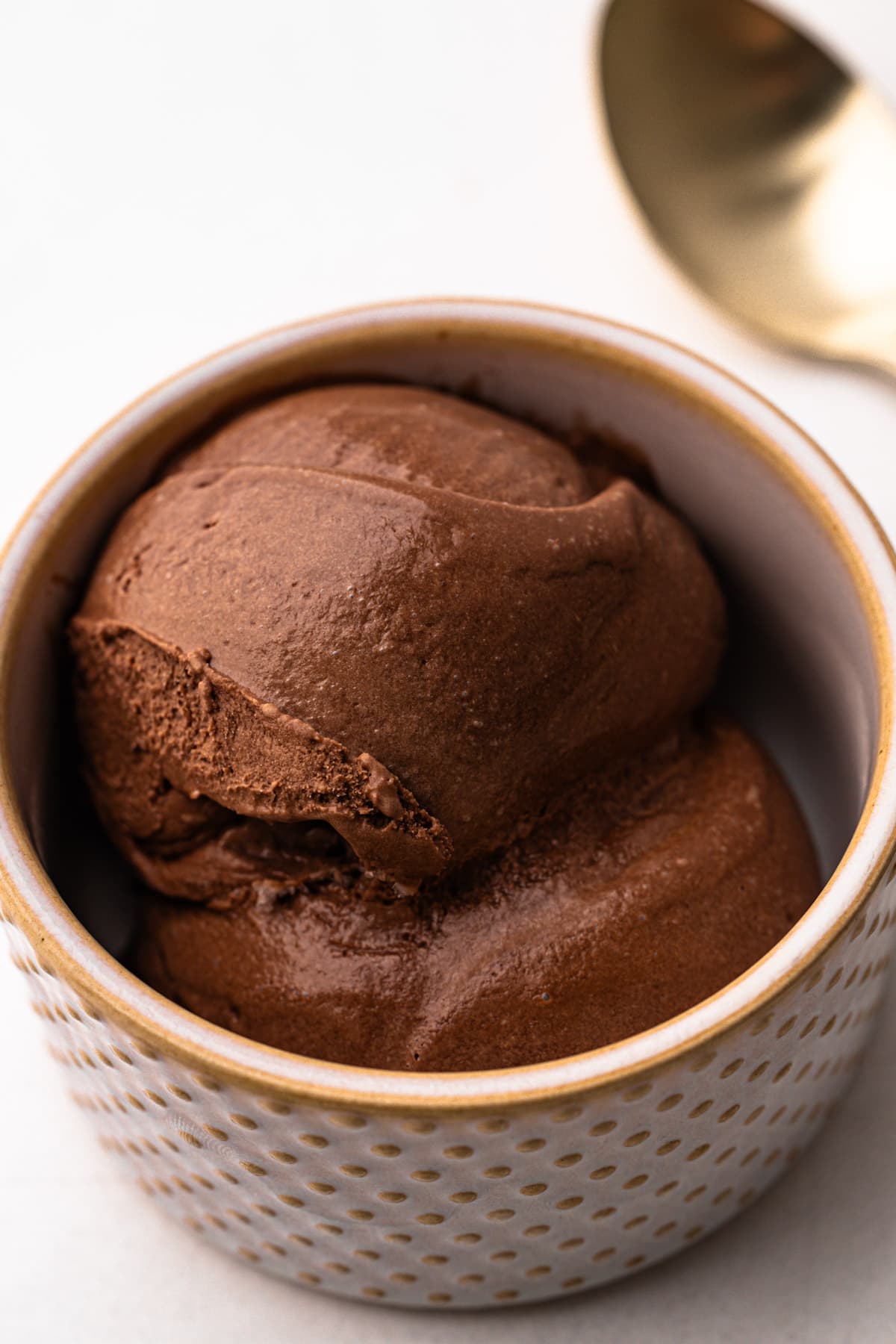 Chocolate ice cream in a bowl.