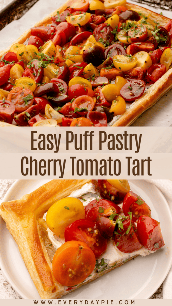 A sliced tomato tart with cherry tomatoes.