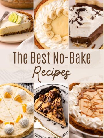 Multiple no-bake pies against a text backdrop saying no bake pie recipes.
