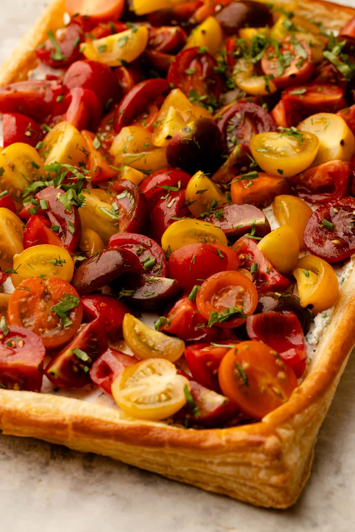 A close up shot of a puff pastry tomato tart with sliced cherry tomatoes and herbs on a sheetpan.