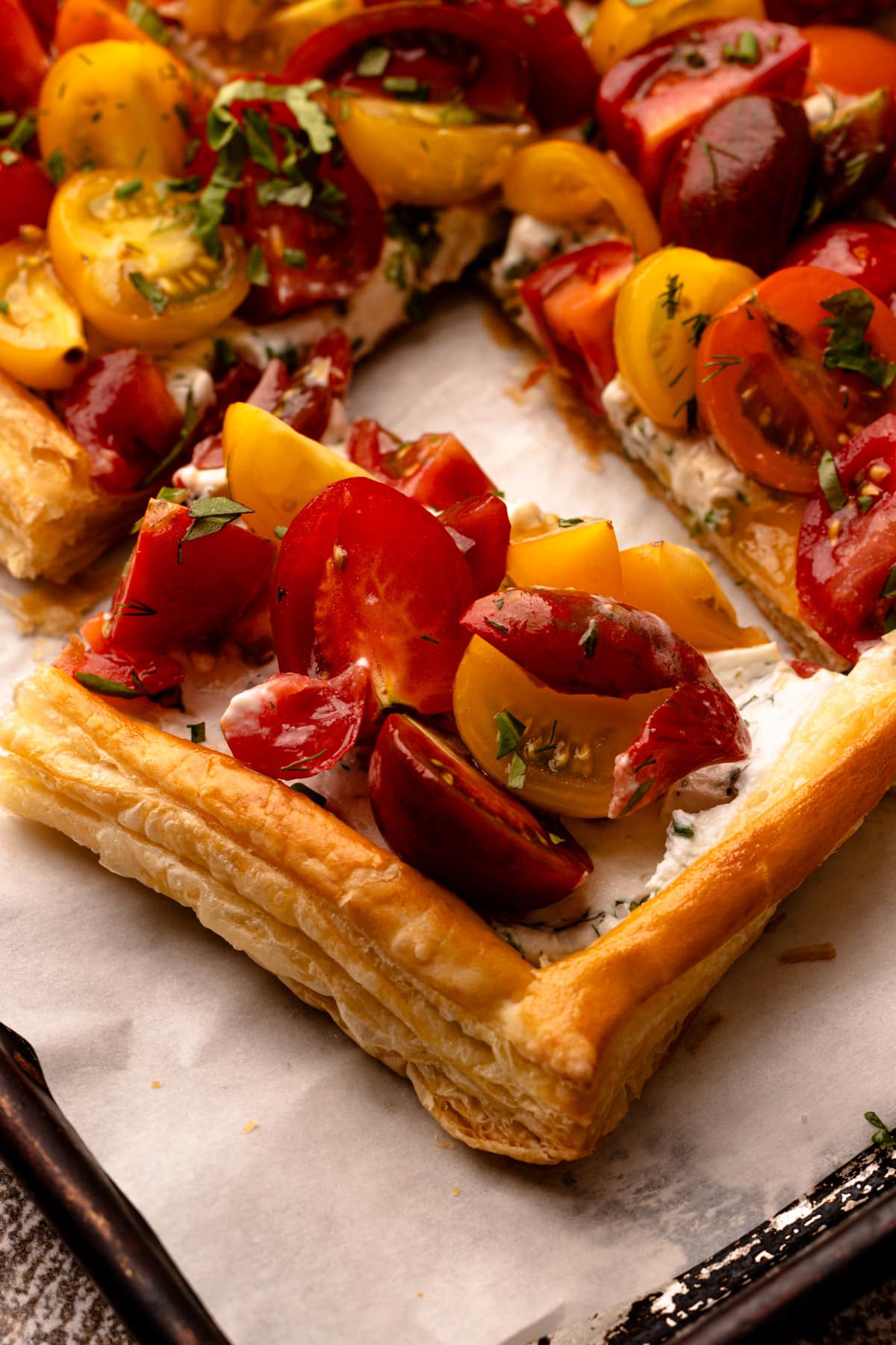 A cut up tomato tart still on the sheet pan.