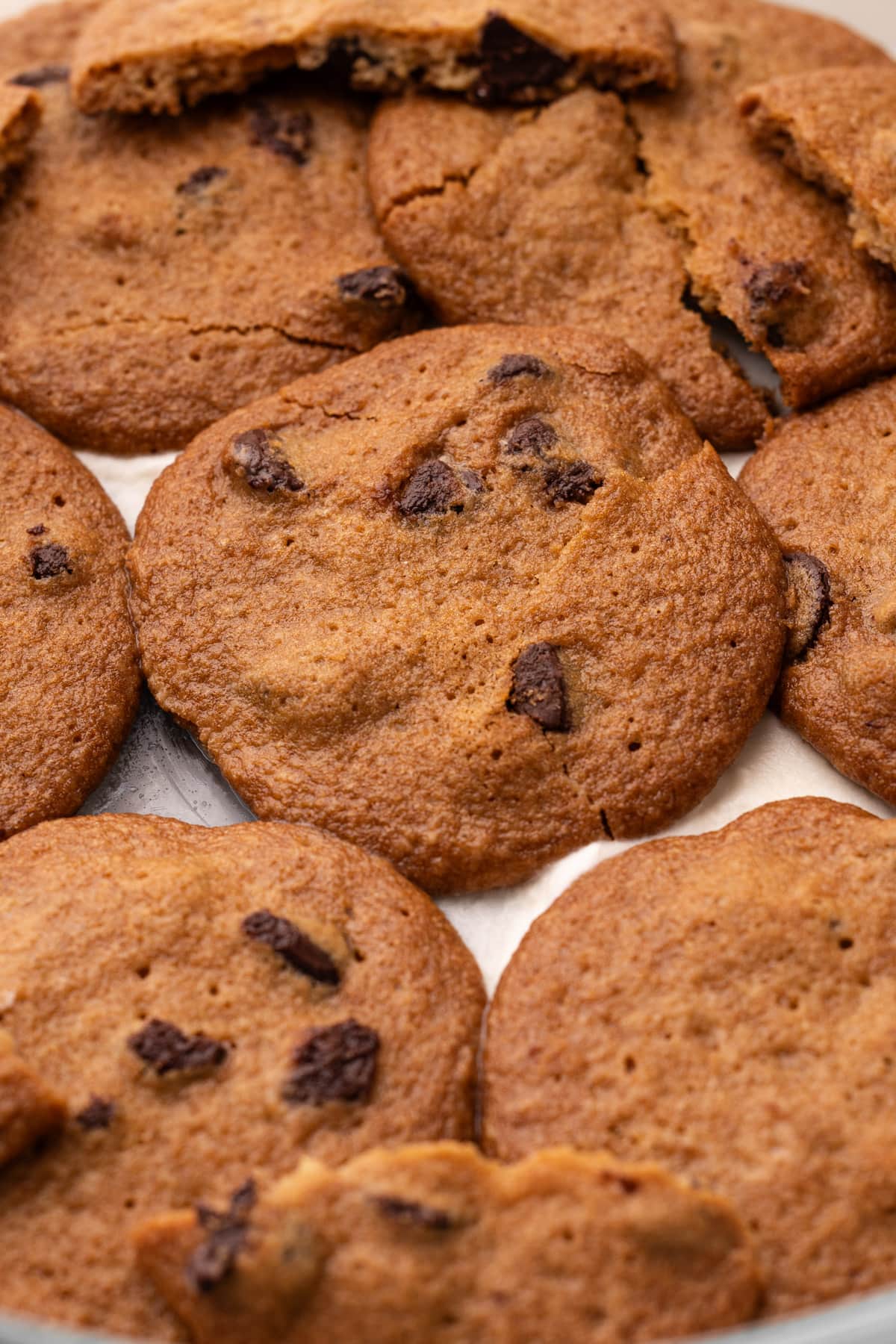 A close up of crispy chocolate chip cookies.